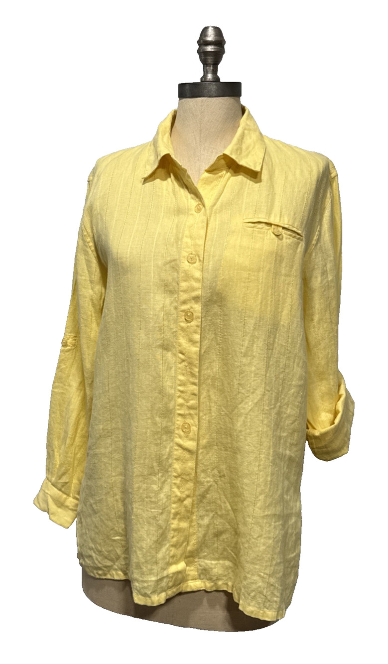 Sag Harbor Womens Linen Button Up Tunic Shirt Collared Roll Tab Sleeve Yellow S